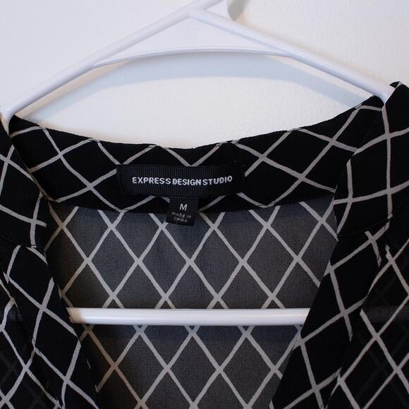 Y2K Express Studio Top Silk Sheer Black White Grid Short Sleeve M | True Winter - Picture 4 of 8